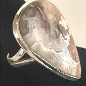 New, Tear Drop, Laguna Lace Agate Ring, 925 Silver, Size 7.5